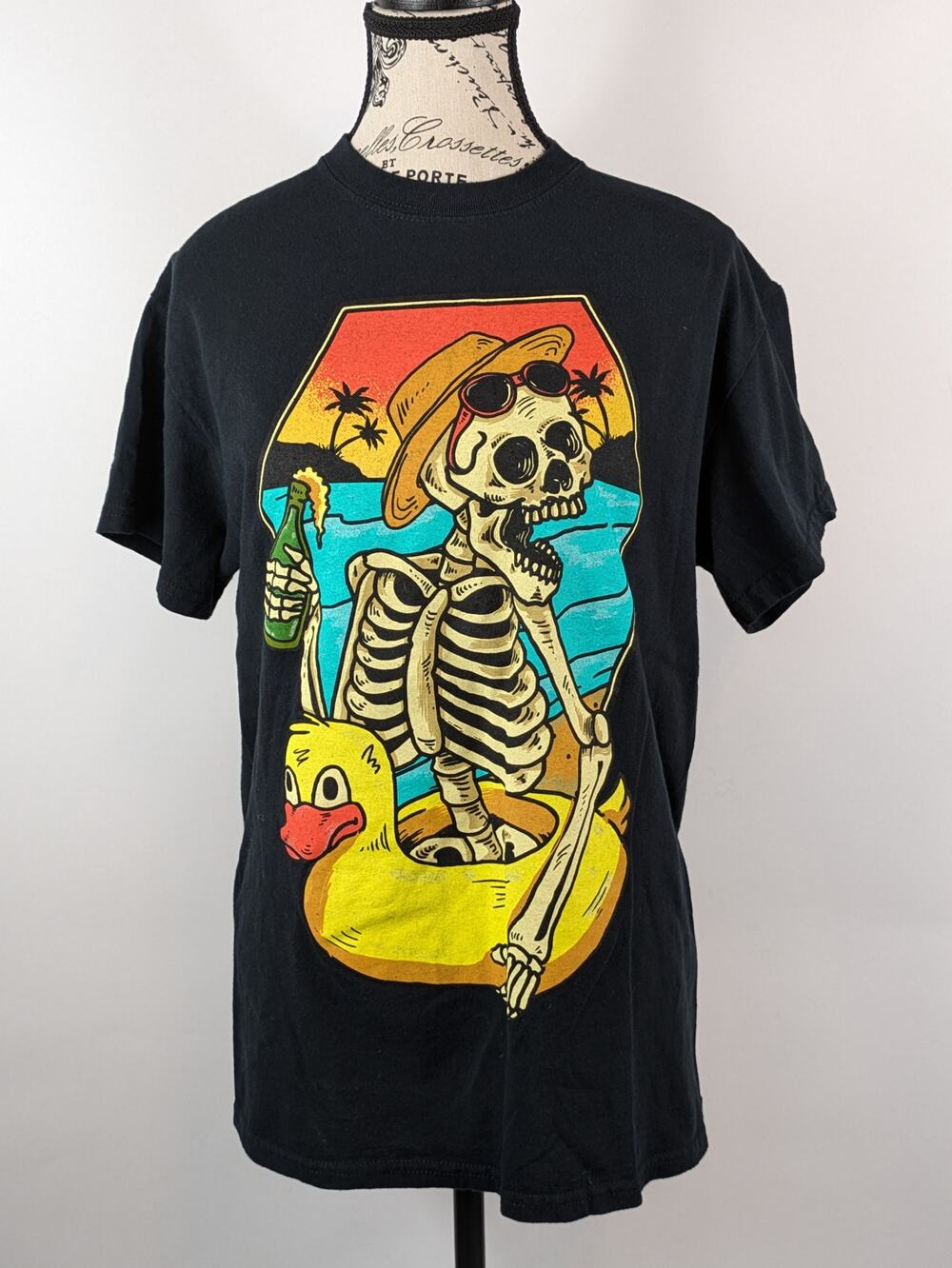 Neon Riot Womens Medium T-Shirt Graphic Beach Skeleton Duck Float Hot Topic Pool
